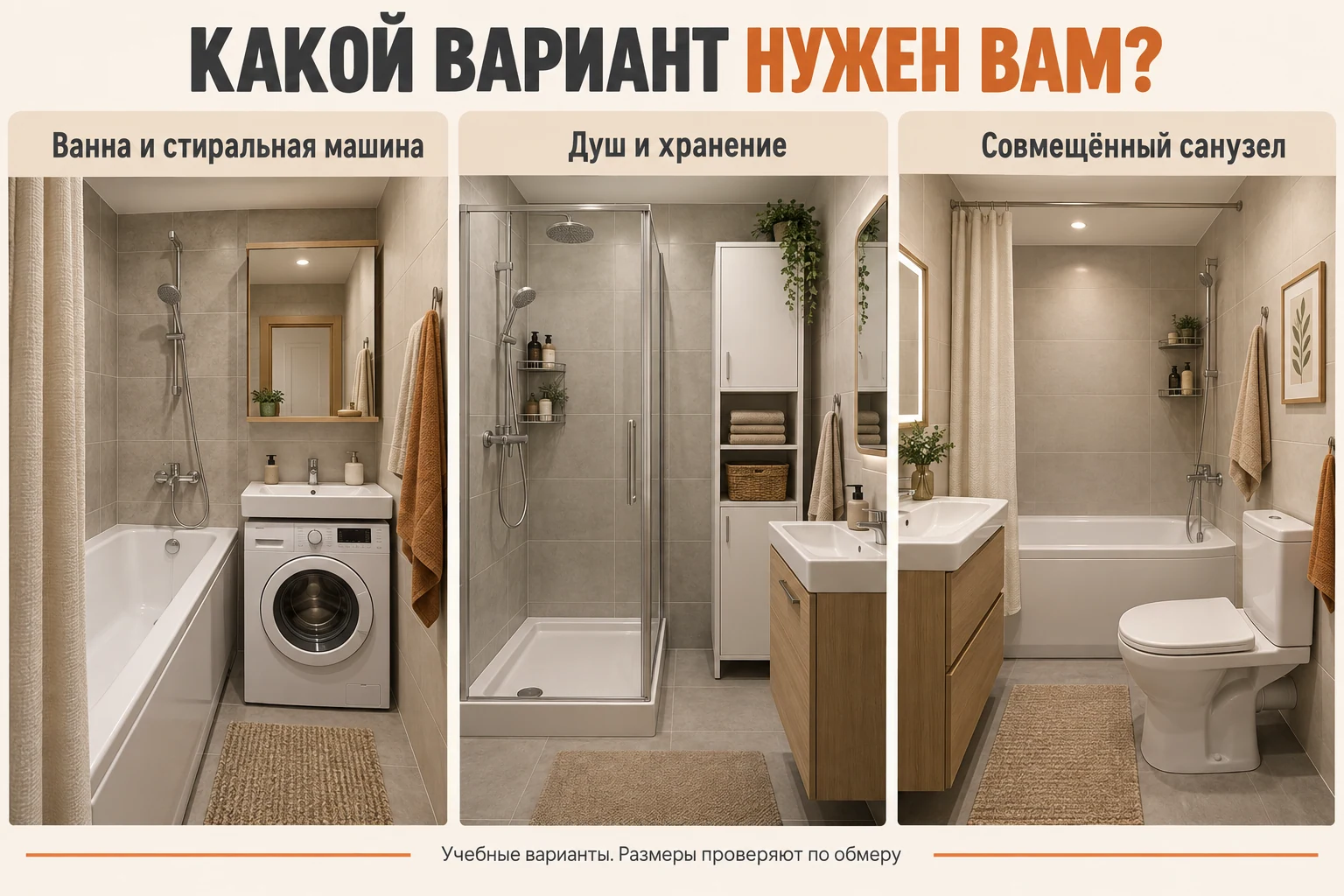 Три учебных варианта ванной: ванна со стиральной машиной, душ с хранением и совмещённый санузел