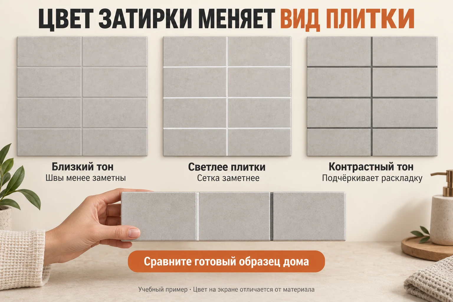 Одинаковая серая плитка с близкой по цвету, белой и тёмной затиркой: как меняется вид швов