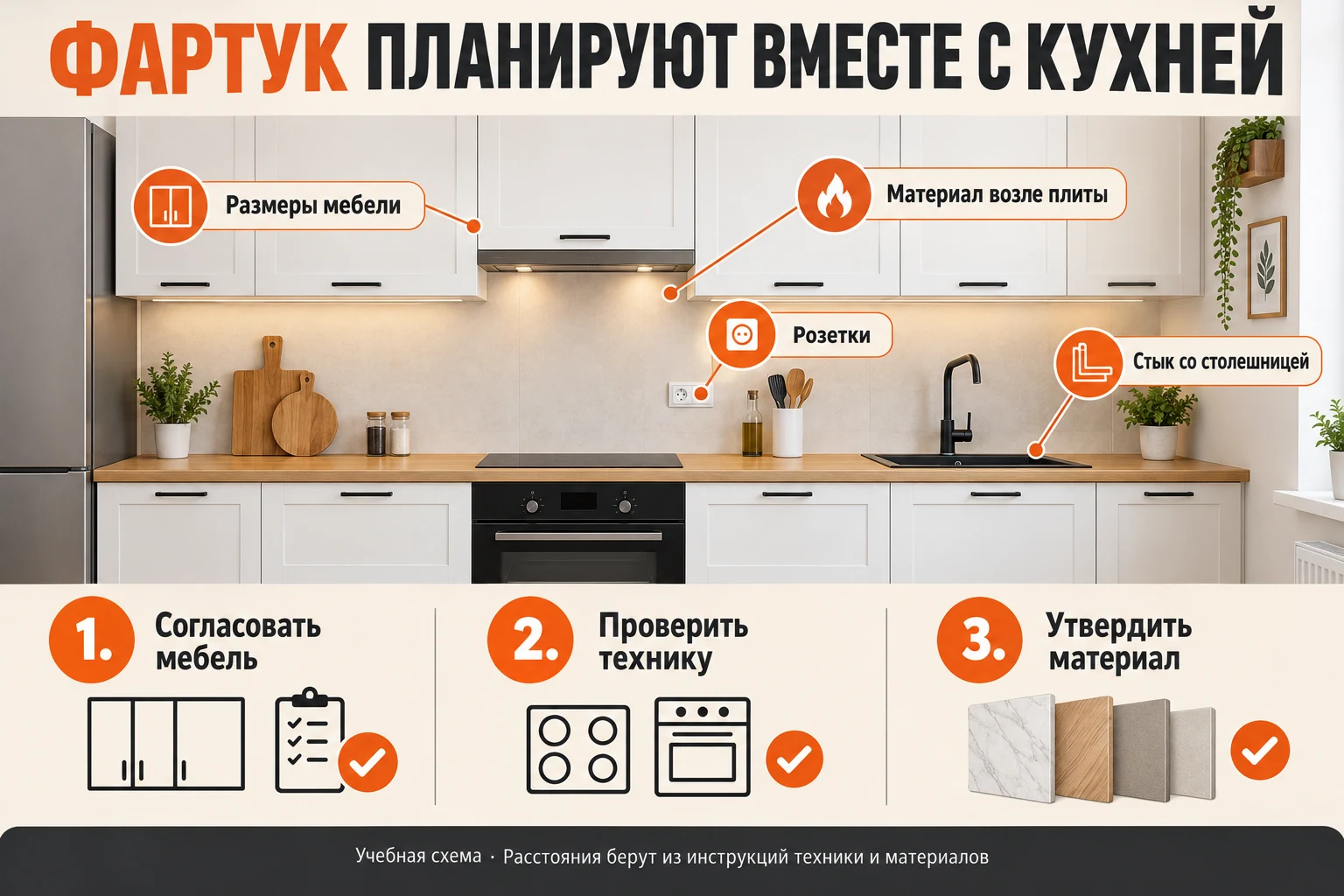 Фартук и кухня на одной развёртке: размеры мебели, розетки, материал у плиты и стык со столешницей