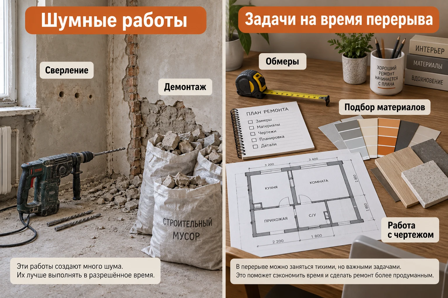 Примеры шумных работ и задач, которыми можно заняться во время перерыва