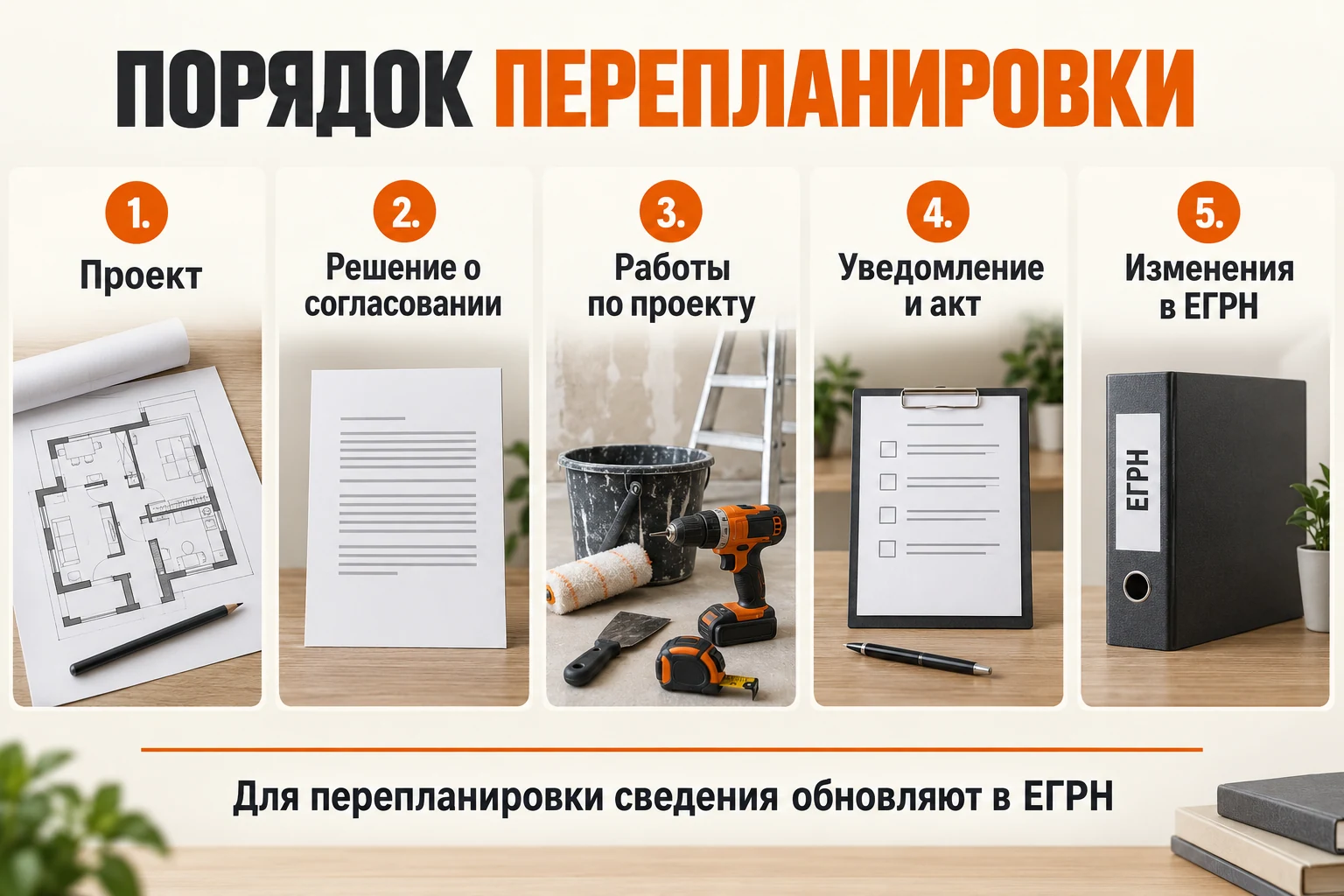 Последовательность перепланировки: проект, решение о согласовании, работы, уведомление с актом и изменения ЕГРН