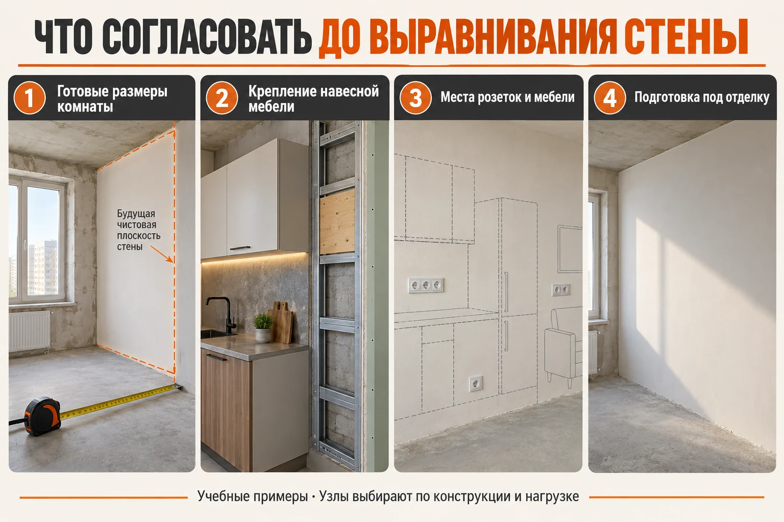 Что согласовать до выравнивания стены: готовую плоскость, навесной шкаф, розетки и подготовку под отделку