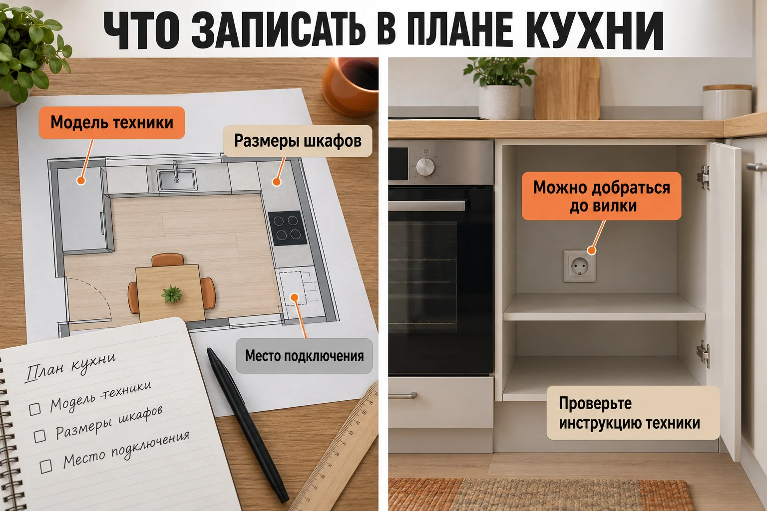 Что указать в плане кухни: модели техники, размеры шкафов и доступное место подключения
