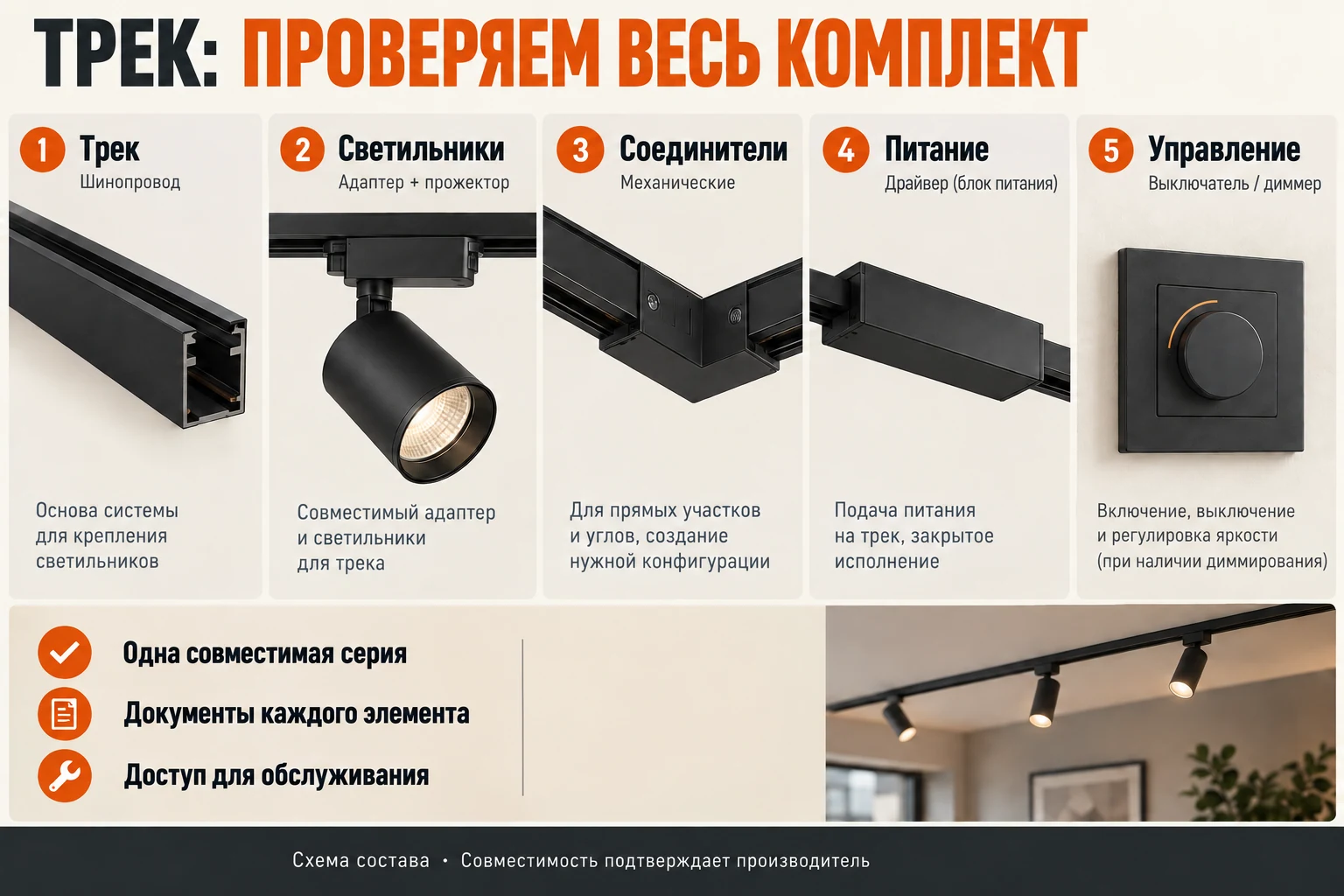 Состав трековой системы: трек, светильники, соединители, питание и управление; совместимость проверяют по документам