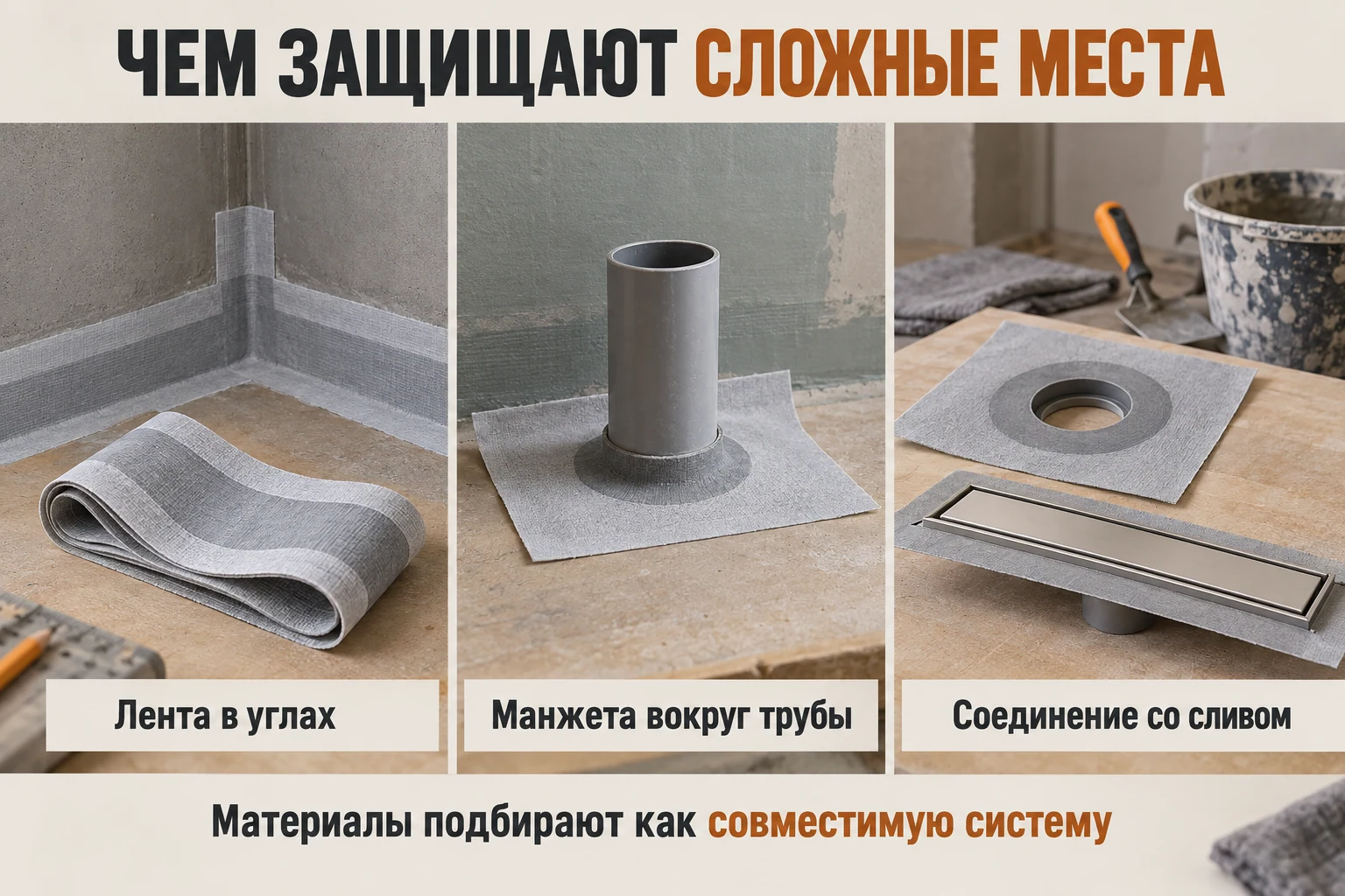 Концептуальные примеры элементов защиты: лента, манжета вокруг трубы и соединение со сливом