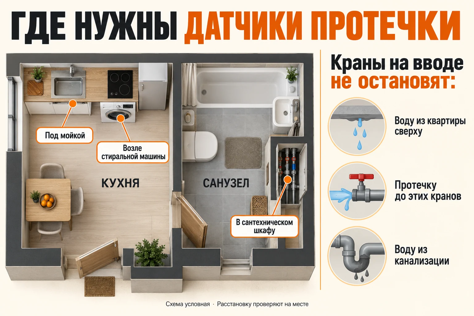 Кухня, ванная и сантехнический шкаф: где разместить датчики и какие аварии не перекрываются квартирными кранами